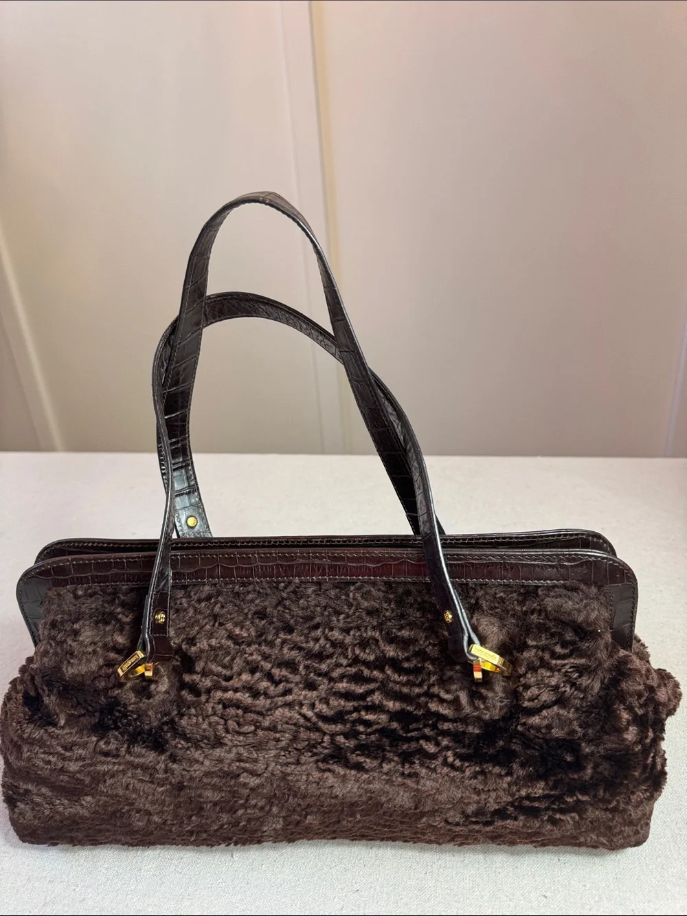 Kate Spade Plush Faux-Shearling Shoulder Bag in Dark Brown